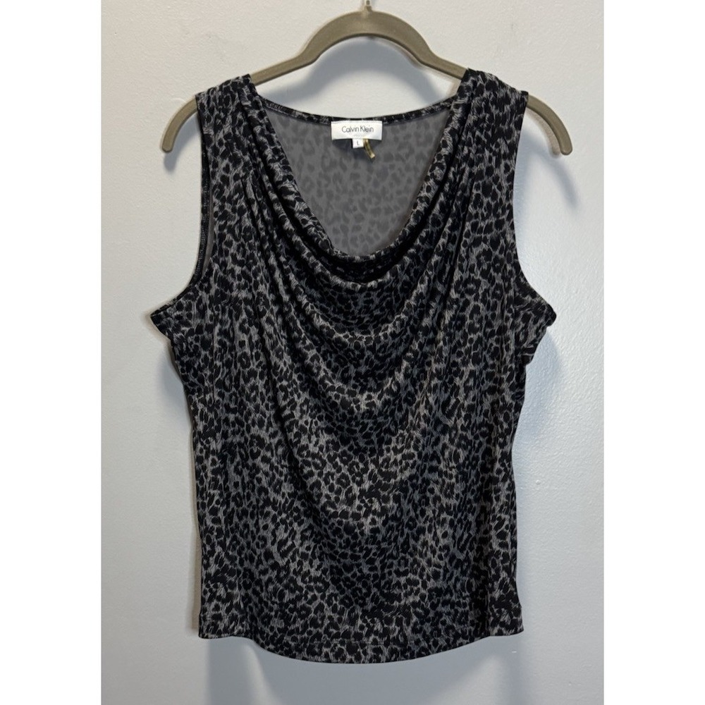 Calvin Klein Tank Top Women's SZ L Drape Neck Black/Grey Geometric Print